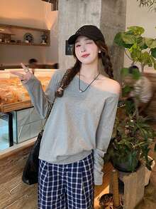 Casual Loose Off-Shoulder Long Sleeve T-Shirt, Slouchy Relaxed Fit Tops