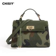 CHISIY 1pc Fashion Camouflage Avant-Garde Style Handbag, Green PU With Brown & Dark Green Color Blocking, Suitable For Business, Casual, Front Twist Lock, With Shoulder Strap, Crossbody Bag, Lightweight & Durable, Retro Charm, Elegant & Unique Style For Women, Versatile For Any Occasion