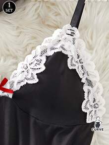 2pcs Plus Size Women Lace Nightgown & G-String Set, Black Lace Spaghetti Strap Sexy Deep V Backless Lingerie Sleepwear With Stretchy G-String