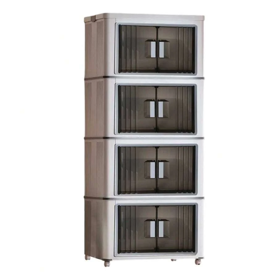 4-Tier Stackable Collapsible Storage Bins With Wheels - Easy Mobility Plastic Organizers - White - View 1