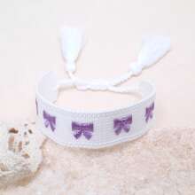 1 pieza Brazalete trenzado de estilo bohemio con lazo bordado a mano, accesorio de moda adecuado para familia, amigos, estudiantes, vacaciones, fiestas, viajes, uso diario - Blanco P - Ver 5