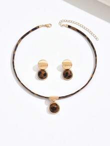 2pcs/Set Vintage Bohemian Leopard Print PU Leather Geometric Striped Round Acrylic Semi-Circle Pendant Necklace & Earrings Jewelry Set, Minimalist Daily Wear, Unique Gift Accessories - Leopard G - View 2