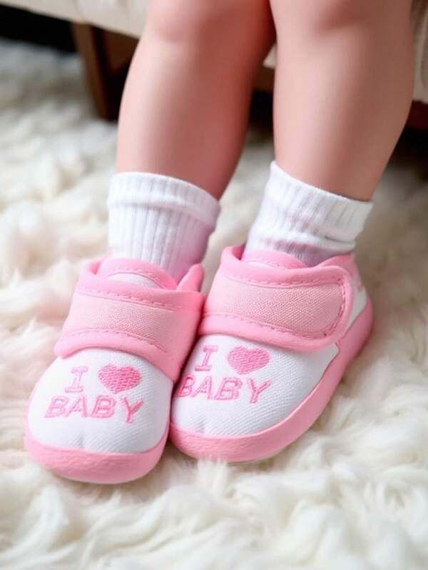 0-1 Years Old Cute Letters I Love You Soft Comfortable Cloth Bottom Infant Toddler Shoes For Infant Girls Princess Pink , Suitable For Daily Home Wear 0-6M 6-12M Infant's First Step