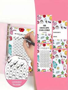 100 Envelope Savings Challenge Binder - Save $5,050 In 100 Days With Cash Envelopes & Inkless Eternal Pencil - Budget Tracker Journal For Cash Stuffing - Cute Cartoon Design Money Saving Kit For Adults & Teens