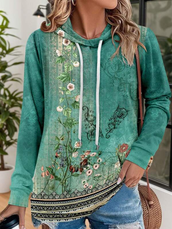 Plus Size Women's Fashionable Printed Casual Vacation Drawstring Hooded Pocket Long Sleeve Sweatshirt
