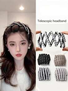 1 件/4 件女士可折叠珍珠头带，可调节发带防滑手柄，旅行洗脸和化妆发饰，韩式优雅头带，返校，头饰 - 彩色 - 查看 9