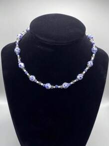 1pc Ceramic Flower & Faux Pearl Beaded Necklace, Bohemian Style Blue Ceramic Necklace, Suitable For Women's Daily Wear, Dates, Parties, Beach Vacations, Gifts