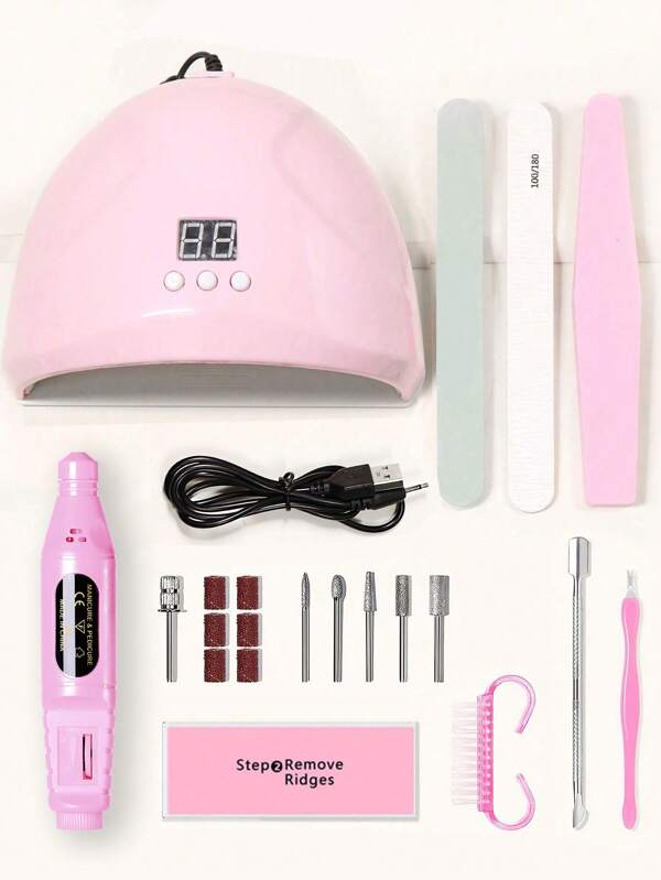 15 pezzi Set per manicure: Lampada UV per unghie, Lima per unghie, Spingicuticole, Spazzola per polvere di unghie, Blocco lucidante, Forbicine per cuticole