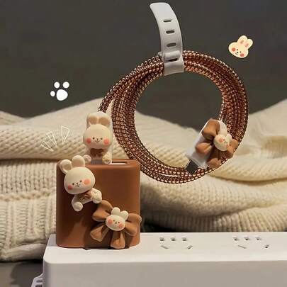 5pcs 3D Rabbit Charging Cable Protector Compatible With Iphone14 Pro Max, Charging Adapter Protector, Data Cable Protector Compatible With Iphone13/12/11, 18/20W Fast Charger Wrap Organizer, Boyfriend/Girlfriend Gift Nan Charger Protector Charger Case Phone Accessories