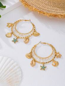 1 套欧美夏季海滩度假贝壳与海洋元素圈形耳环，适合海滩旅行和度假