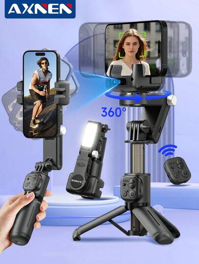 Q19 AI Smart Handheld Gimbal Stabilizer - Auto Face Tracking, Foldable 360° Rotating Selfie Stick/Tripod With Fill Light - Compatible With Android & IOS For Livestreaming/Meetings/Selfies/Photography/Video