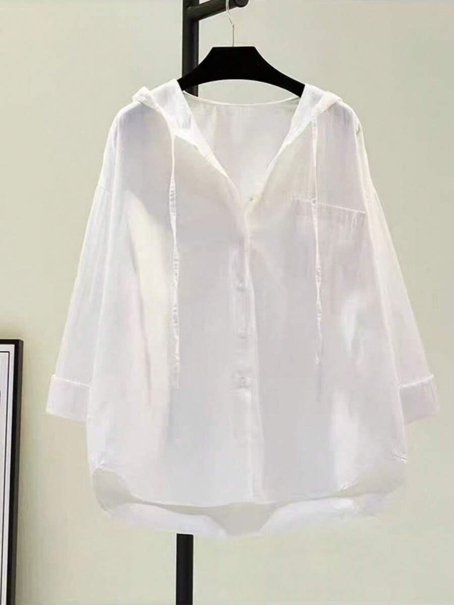 女士白色长袖连帽纽扣衬衫，带抽绳，不对称下摆，前短后长，涤纶面料 - 白色 - 查看 1