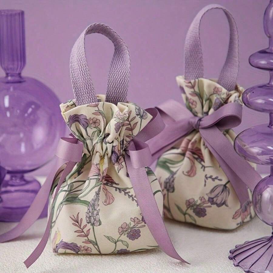 5pcs Floral Canvas Drawstring Bags, Cotton Jewelry Storage Boxes, Suitable For Beads, DIY Crafts, Earrings, Rings, Necklaces, Bracelets, Small Items Storage, Gift Packaging Bags, Party Favors, Wedding Souvenirs