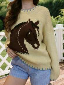 Women Casual Loose Sweaters Cute Horse Head Warm Pullover Basic Knitwear For Fall Streetwea