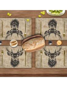4 Stücke/6 Stücke Weihnachts-Hirsch Porträt-Stickerei-ähnliches Muster Grobe Leinen Tischsets, 30cm x 45cm waschbare Tischsets für Esszimmertisch, Küche, Feiertagsparty, Heimdekoration, ideal für Couchtisch