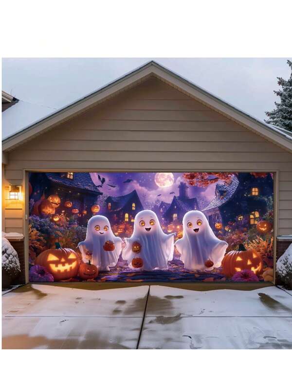2D Garagedeur Banner - Spookhuis Wandtapijt met Pompoenen en Vliegende Vleermuizen, Duurzame Polyester Feestachtergrond Geschikt voor Halloween Vieringen Binnen/Buiten, Spookthema