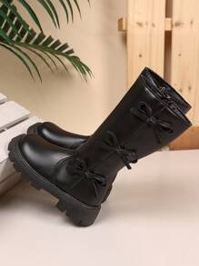 1 双幼儿女童柔软舒适 PU 皮革蝴蝶装饰侧拉链圆头保暖衬里高帮靴，适合 3-15 岁女孩，日常、度假、上学、秋冬