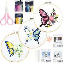 3 Piece Butterfly Embroidery Set For Beginners, Complete Kit With Hoop, Fabric, Thread & Tools,  DIY Cross Stitch Craft, Cute Christmas, Halloween Gift For Art & Sewing Enthusiasts - 彩色 - 查看 1