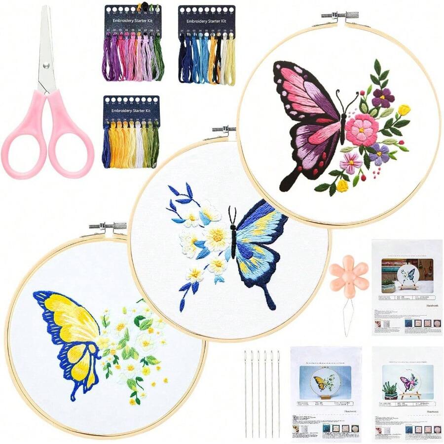 3 Piece Butterfly Embroidery Set For Beginners, Complete Kit With Hoop, Fabric, Thread & Tools,  DIY Cross Stitch Craft, Cute Christmas, Halloween Gift For Art & Sewing Enthusiasts - 彩色 - 查看 1
