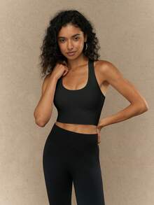 Yefecy 无缝运动文胸健身上衣高强度内衣跑步训练瑜伽文胸减震罗纹健身瑜伽短款背心 - 黑色 - 查看 3