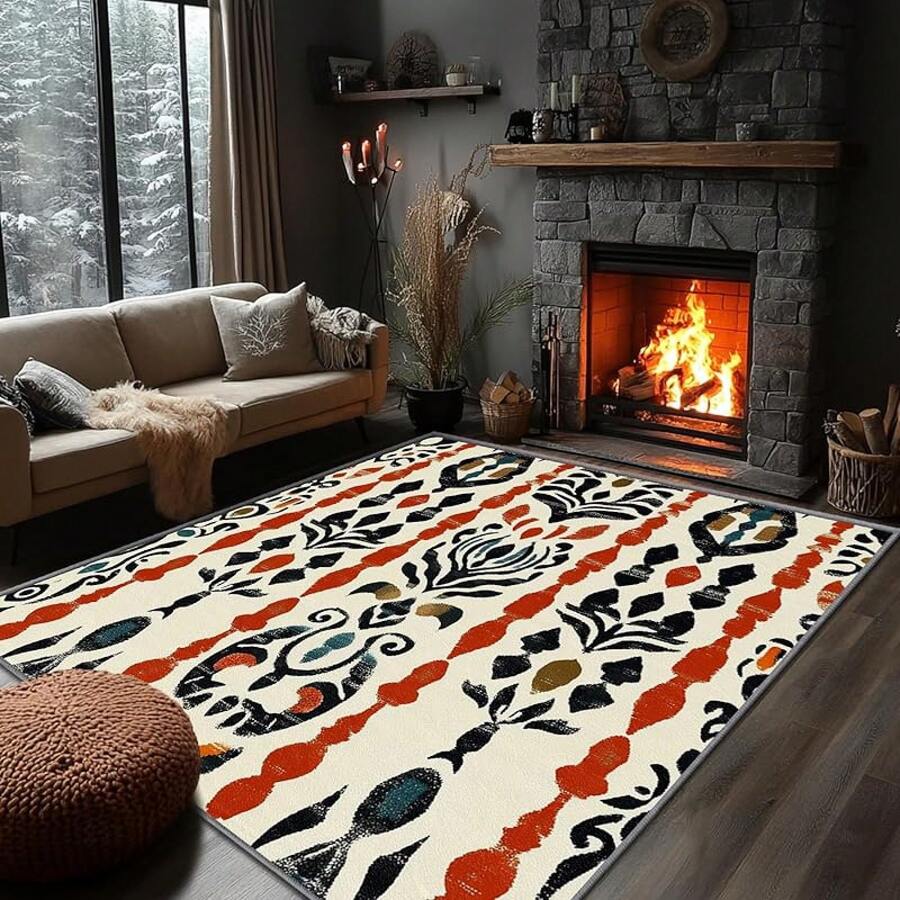 3x5 Rugs, 2x3 Rug, Southwestern Rustic Area Rug, Colorful Geometric Door, Washable & Non - Slip Small Carpet, Home Decor - 米色 紅色 黑色 - 查看 1