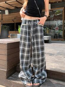 修身灰蓝格子休闲裤百搭拼接腰带抽绳阔腿宽松直筒裤