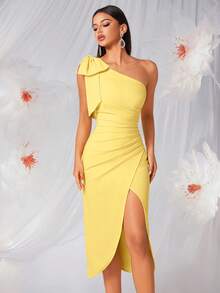Elisanya One Shoulder Buttercup Yellow Bow Knot High Waist Ruffle Slit Open Back Tie Up Maxi Dress For Party, Ball, Banquet - Yellow - View 7