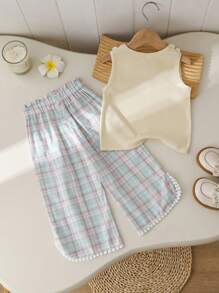 2pcs/Set Girls' Stylish 3D Floral Vest & Plaid Embroidered Capri Pants Set, Summer