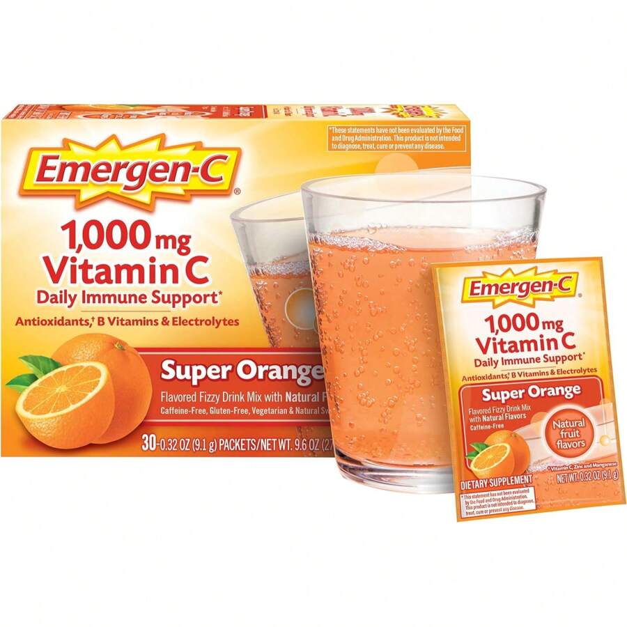 Emergen-C 1000 mg de vitamina C en polvo para el refuerzo inmunitario diario. Suplementos de vitamina C sin cafeína con zinc y manganeso, vitaminas del complejo B y electrolitos. Sabor a naranja (30 sobres).