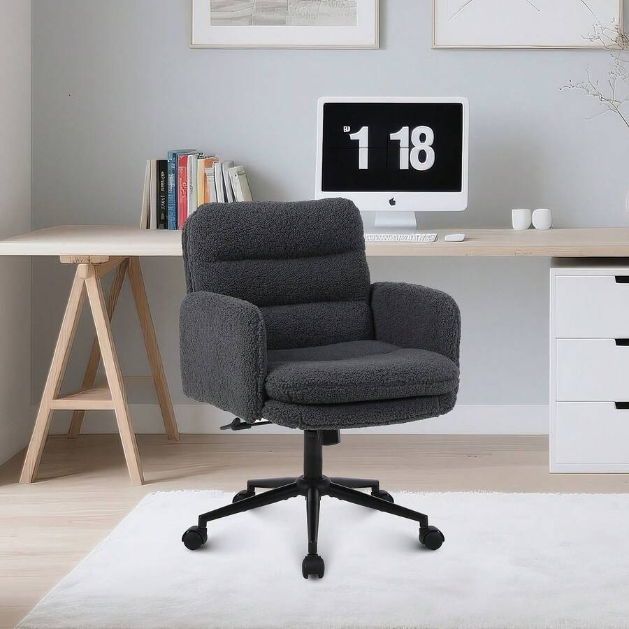 Flysky Desk Chair, Dressing Table Chair Made Of Faux Fur, Comfortable Swivel Chair Desk Chair, Office Chair Ergonomic With Adjustable Height, Furniture - Màu xám đen - Xem 1