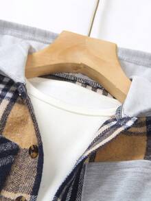 2 件套年轻男孩时尚格纹长袖连帽衫和百搭侧袋牛仔直筒裤套装，秋季