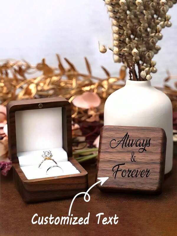 1pc Customized Walnut Wood Ring Box, Engraved Wooden Ring Box For Wedding Shop, Anniversary Gift, Valentine's Day Gift, Back To School Birthday Gift, Customized Wooden Jewelry Box