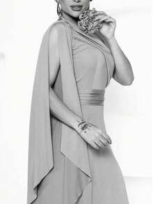 Bridesmaid Dress For Party Guests Reception Graduation Without Shine Cape Sleeve In Fluity Cpom Flower Brooch - Army Green - View 2