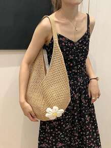 Hollow Out Weave Straw Bag Bohemian Beach Handbag Hollow Tote Bag Large Capacity Shopping Beach Bag Fashion Hollow Out Weave Straw Bag Beach Handbag Bohemian Style Beach Bag Slouchy Style Large Capacity Hollow Tote Bag Vacation
