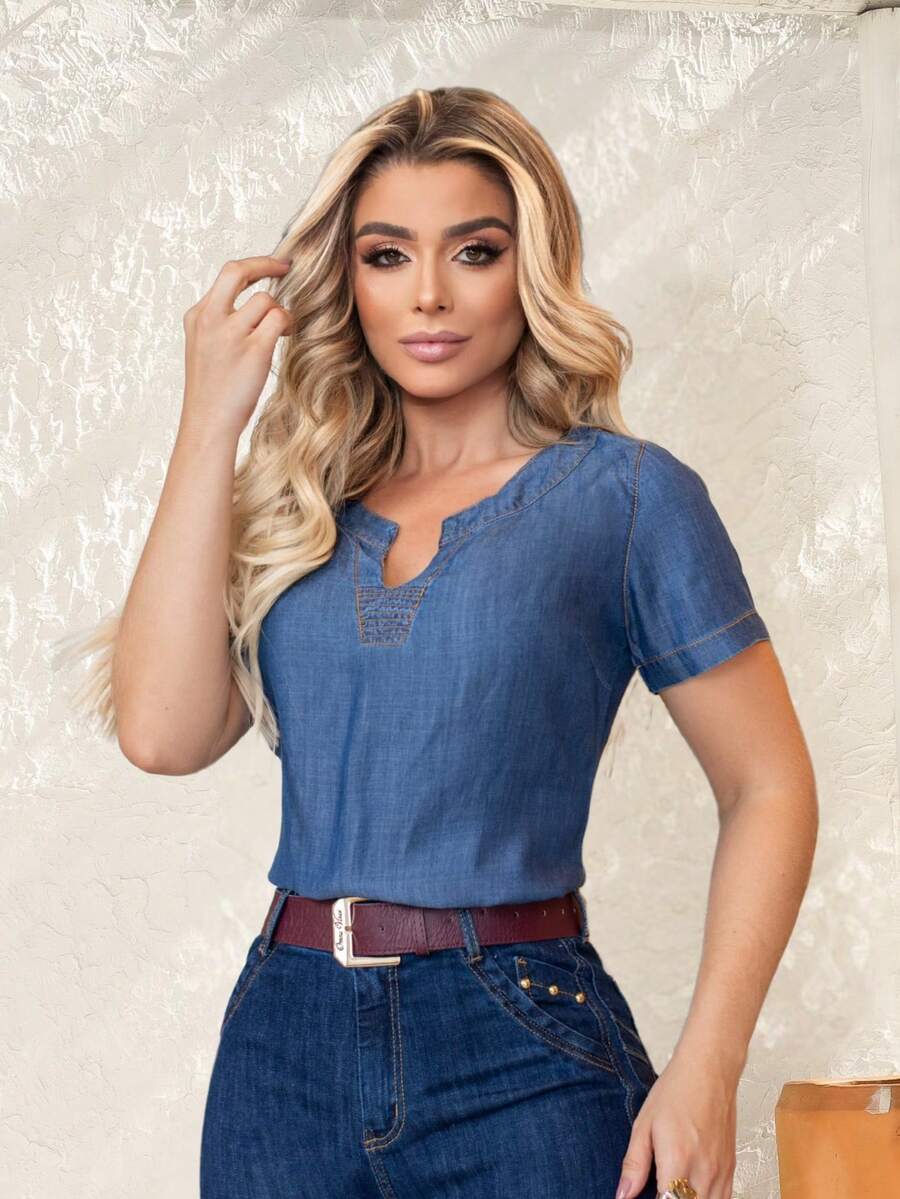 Women's Short Sleeve Stylish Jeans  Lyocell V-Neck Blouse - 深藍色 - 查看 1