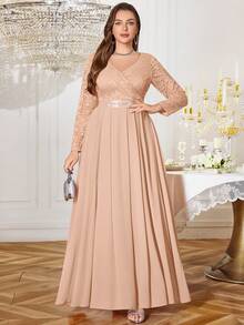 Plus V-Neck Floral Lace Contrast Chiffon Rhinestone Ribbon Waist Formal Party Long Dress, Valentine's Day Dress, Wedding Guest Dress, For Prom, Festivals, Graduation, Dinner - Champagne - View 7