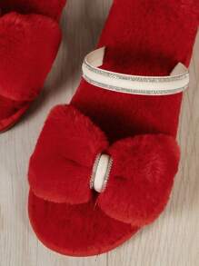 女士纯色蝴蝶结舒适时尚圆头保暖毛绒拖鞋，适合室内外穿着，秋冬季