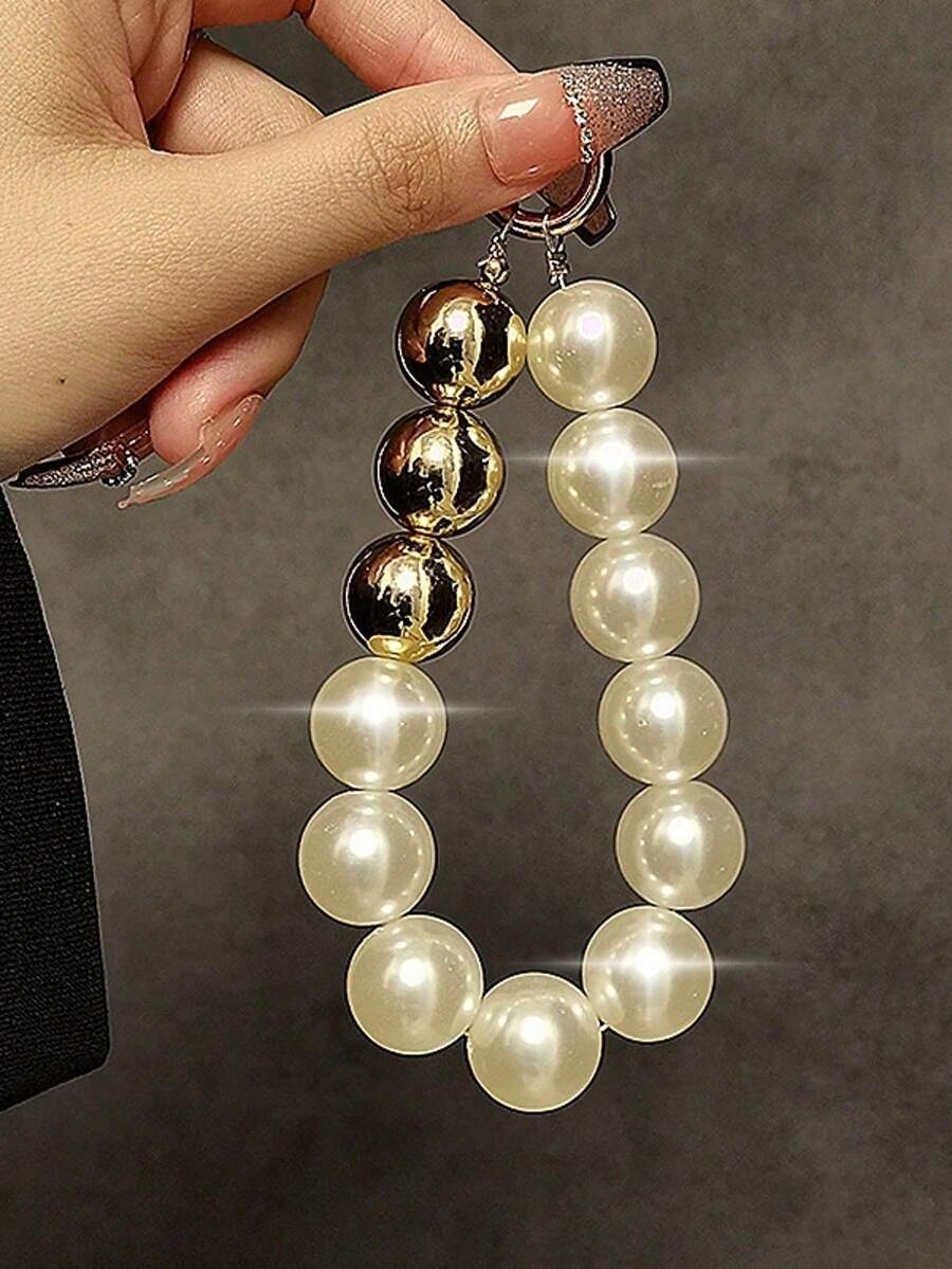1pc Creative Golden Beaded Wristband Phone Chain Phone Case Key Chain Accessory, Fashionable Handbag Charm - Multicolor - View 1