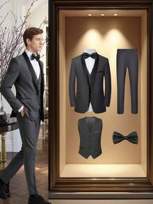 4 PCS Men Suit Tuxedo Vest Pants Necktie Shawl Collar One Button For Wedding Banquet Prom Chic Elegant Men Attire - 灰色 - 查看 1