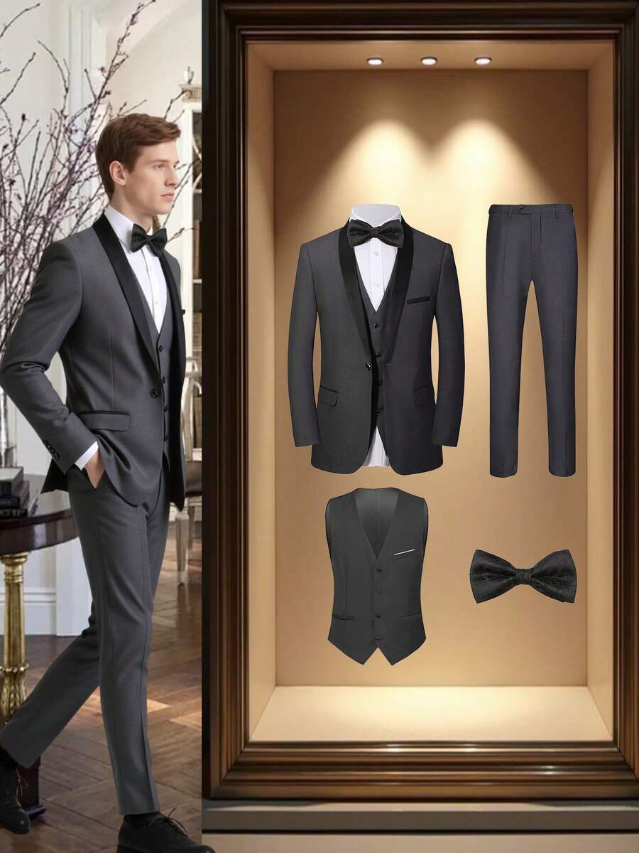 4 PCS Men Suit Tuxedo Vest Pants Necktie Shawl Collar One Button For Wedding Banquet Prom Chic Elegant Men Attire - 灰色 - 查看 1