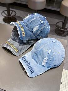 Back-To-School Season Star Same Style Fashion Retro Broken Hole Cool Embroidery Letter Baseball Cap Big Head Circumference American Cap Young Couple Fashion Street Curved Brim Hat Blocking Ultraviolet Sunshade Hat Outdoor Sports Wear Retro European And American Style Unisex Couple Baseball Cap