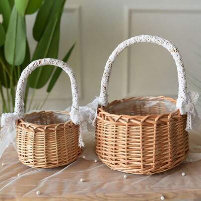 Pearl Princess Woven Flower Basket Rattan Storage Basket Flower Hand Basket Handmade Flower Basket For Home Wedding Decor