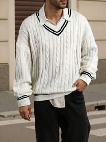 Maglione a maniche lunghe casual e ampio da uomo con scollo a V e motivo a righe, lavorazione a trecce, versatile per l'autunno e l'inverno