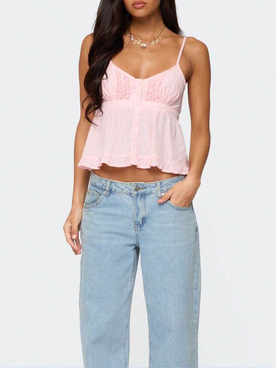 Women Ruffle Tank Top Front Button Front Button Spaghetti Strap Camisole Y2K Summer Sleeveless Crop Tops Cute Slim Cami Tops Casual Going Out Blouse Streetwear - 粉色 - 查看 1