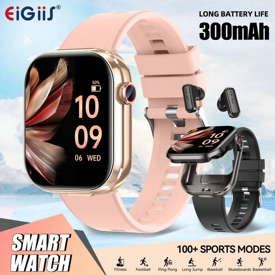 EIGIIS 男女智能手表，TWS 无线耳机，2.02 英寸全触摸屏，分辨率 320 * 385，300mAh 大电池，支持无线通话、信息提醒，兼容 iOS 和 Android 的智能手表，生日礼物
