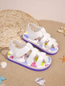 1 Pair Kids Girls Cute Foam Slippers, Heart Pattern, Fashion Versatile, Suitable For Daily Wear, Adjustable Magic Tape, Lightweight, Breathable, Non-Slip Sandals - White - View 3