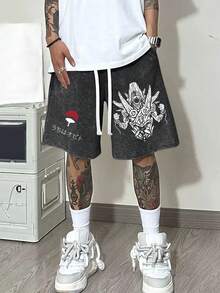 290g Washed Shorts, Featuring A Double-Sided Printed Design From The Hokage Anime Tail Beast Uchiha. These Men's Retro Washed Casual Street Sports Shorts Are Comfortable, Breathable, And Suitable For Daily Wear. They Come With An Adjustable Drawstring Waist, Elastic Waistband, And Pockets - 黑色 - 查看 1