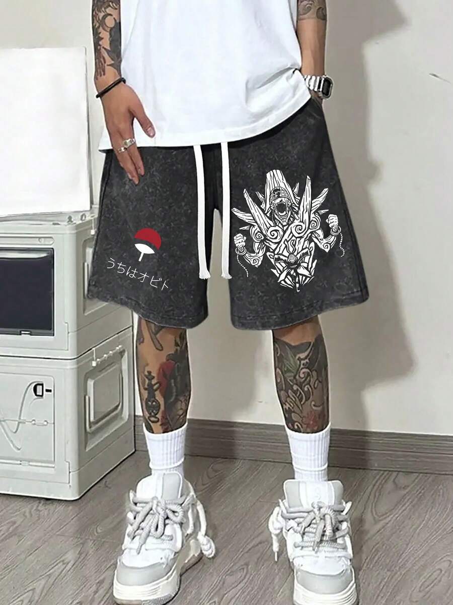290g Washed Shorts, Featuring A Double-Sided Printed Design From The Hokage Anime Tail Beast Uchiha. These Men's Retro Washed Casual Street Sports Shorts Are Comfortable, Breathable, And Suitable For Daily Wear. They Come With An Adjustable Drawstring Waist, Elastic Waistband, And Pockets - 黑色 - 查看 1