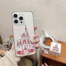 Set de 5 piezas con temática de Castillo del Paraíso Floral, que incluye Funda protectora de cable de datos con diseño + Funda de teléfono a juego apta para carga rápida de 20W, compatible con iPhone 16/16Pro/16ProMax/15/14/13, Protector de cable Nan, Accesorios de cargador, Accesorios de teléfono