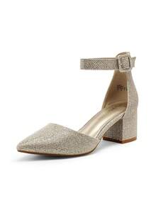 Women's Chunky Closed Toe Low Block Heels Dress Pointed Toe Ankle Strap Wedding Pump Shoes - Vàng lấp lánh - Xem 2